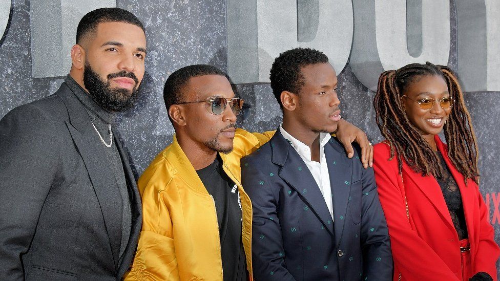 Drake, Ashley Walters, Micheal Ward and Little Simz at a Top Boy premiere in Hackney in 2019