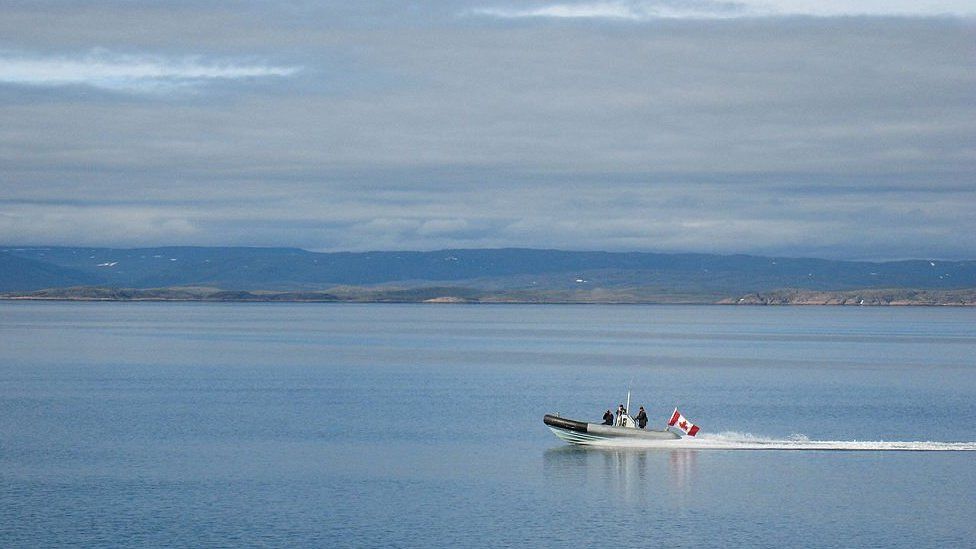 A Canadian Navy Zodiac on patrol across the Arctic Ocean near Baffin Island in 2007