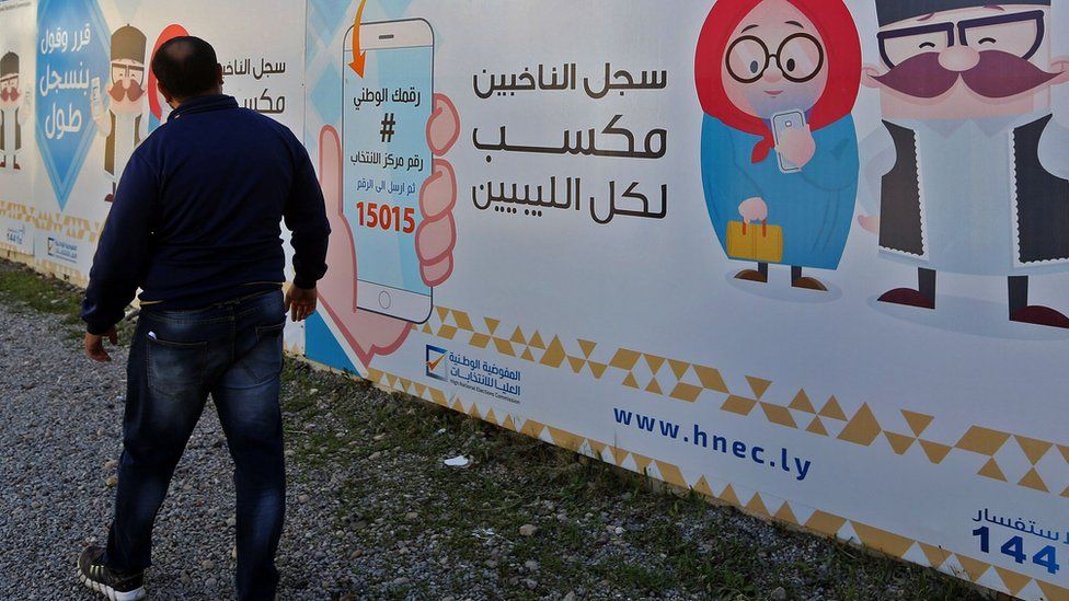Man stands in front of Libyan election poster