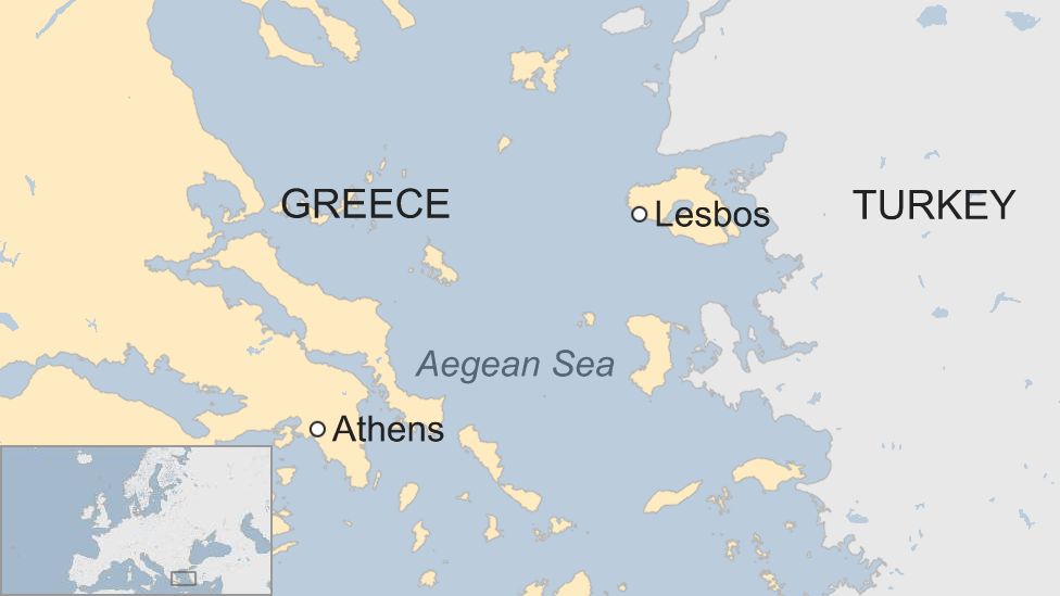 Map showing the Greek island of Lesbos and the Aegean Sea