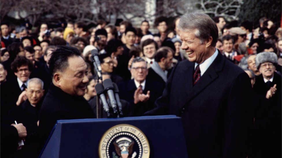 (Original Caption) 01/29/1979-Washington, DC: Chinese Vice-Premier Deng Xiaoping speaking during welcoming ceremony as President Jimmy Carter looks on.
