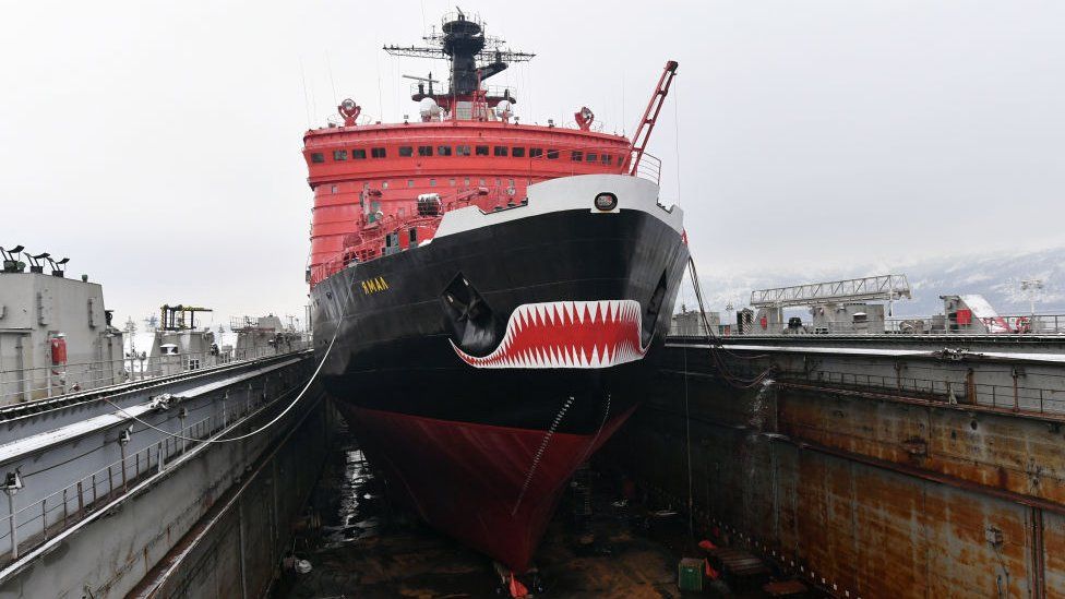 A Russian nuclear-powered icebreaker, the Yamal, in Murmansk