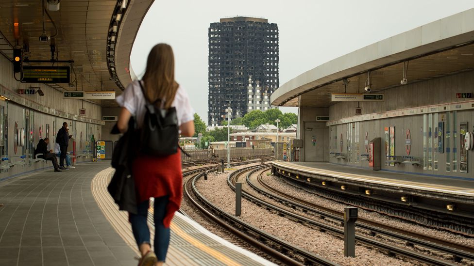 General view of the Grenfell Tower from Wood Lane station in west London. Photo taken 11 July