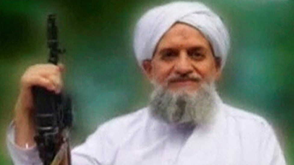 A photo of Al Qaeda leader Ayman al-Zawahiri is seen in this still image taken from a video