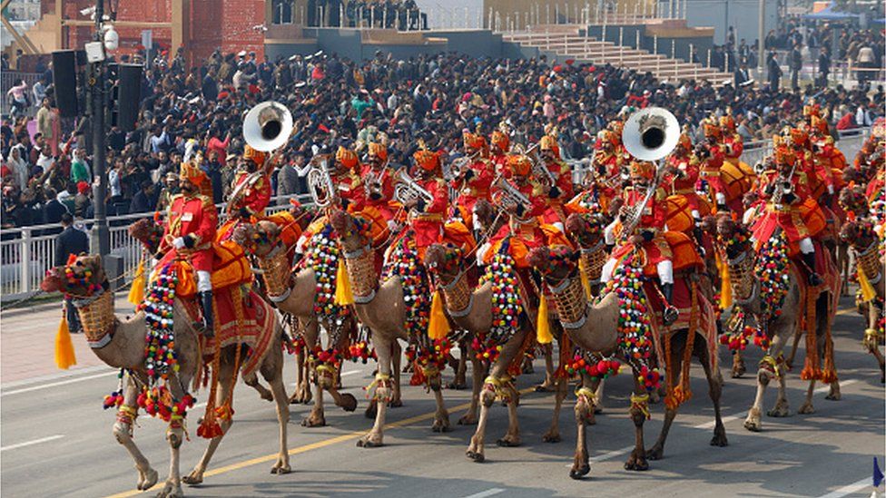 Indian Border Security Force (BSF) Band Camel contingent march at Kartvya Path during the full dress rehearsal for the upcoming Republic Day parade India will celebrate its 74th Republic Day on 26 January 2023
