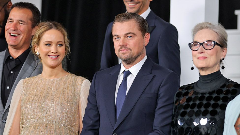 Scott Stuber with Don't Look Up's Jennifer Lawrence, Leonardo DiCaprio and Meryl Streep