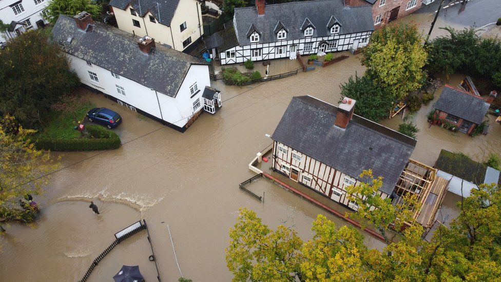 Aerial view of flooding at Bettws Cedewain, Powys, pictured on Saturday