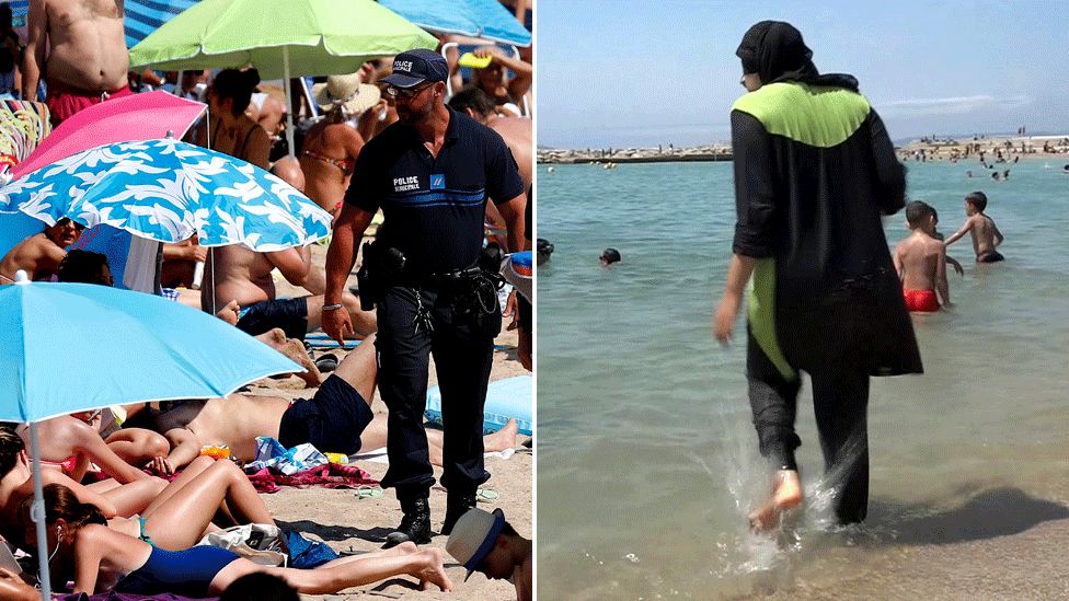 Police on beach in Cannes and a woman in a burkini on a French beach