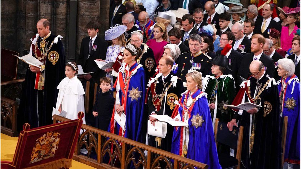 The Duke of York, Princess Beatrice, Peter Phillips, Edoardo Mapelli Mozzi, Zara Tindall, Princess Eugenie, Jack Brooksbank, Mike Tindall and the Duke of Sussex, (left to right 2nd row) the Earl of Wessex, Lady Louise Windsor, the Duke of Gloucester, the Duchess of Gloucester, the Princess Royal Vice Admiral Sir Tim Laurence, Prince Michael of Kent, Princess Michael of Kent, (1st row) the Prince of Wales, Princess Charlotte, Prince Louis, the Princess of Wales and the Duke of Edinburgh and the Duchess of Edinburgh at the coronation ceremony of King Charles III and Queen Camilla in Westminster Abbey, London