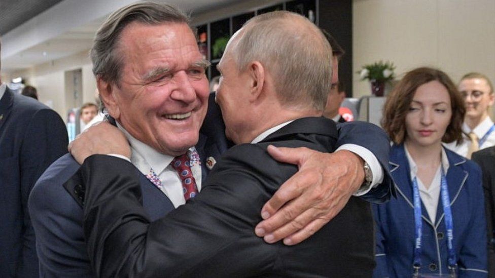 Gerhard Schröder hugs President Putin, Moscow, 14 June 18