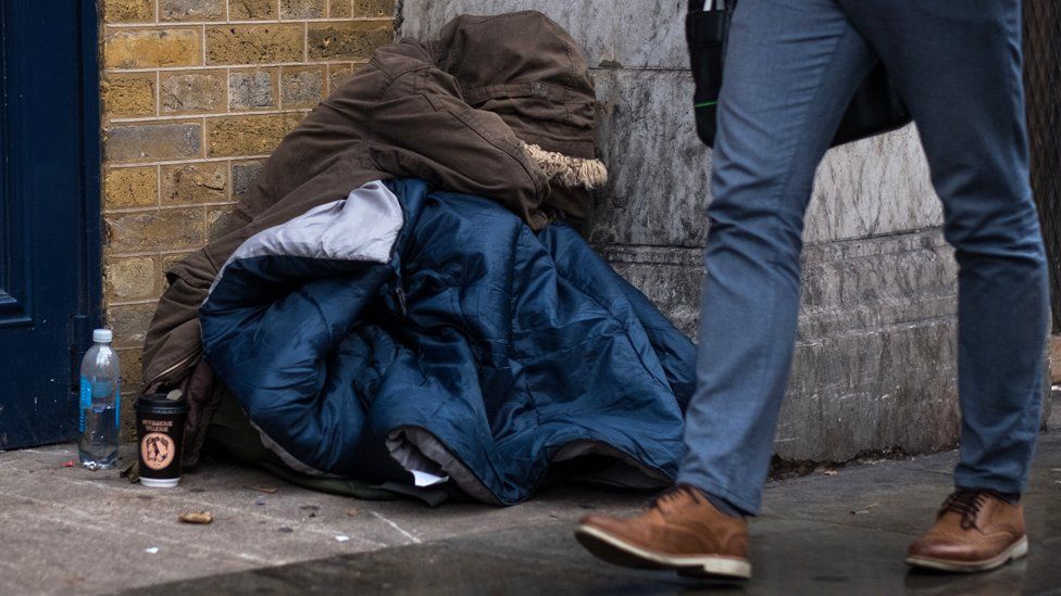 A homeless person sleeping on the street