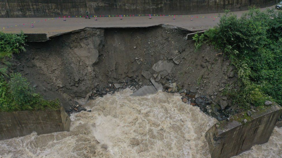 The flood destroyed G318 Sichuan-Tibet Highway on 21th July, 2020 in Nyingchi,Tibet, China