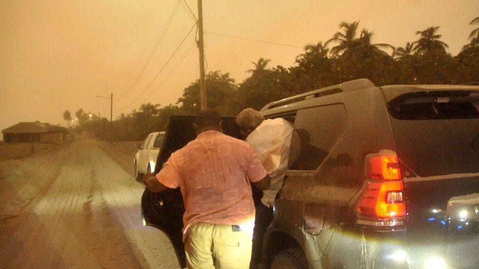 Image shows an ash covered village a day after the La Soufriere volcano erupted on Friday