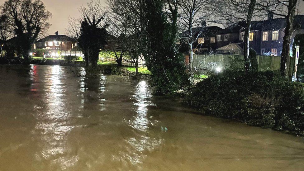 High river levels on the Mersey in Didsbury on 20 January 2021