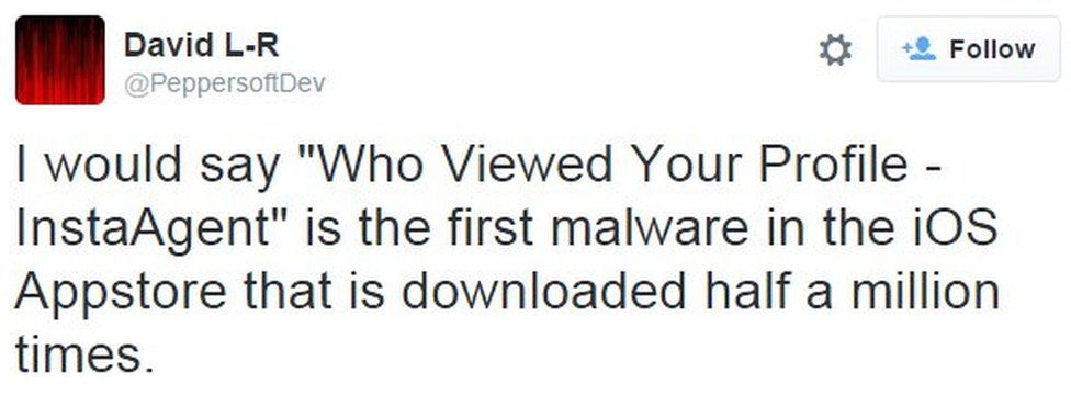 David Layer-Reiss tweet: I would say "Who Viewed Your Profile - InstaAgent" is the first malware in the iOS appstore that is downloaded half a million times