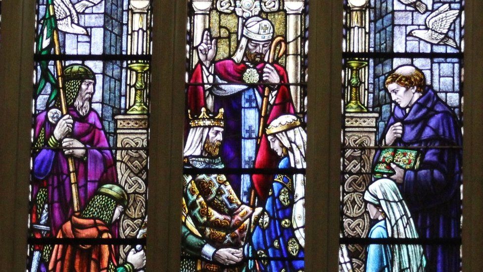 Window in Dunfermline Abbey depicting the marriage of Margaret and King Malcolm III
