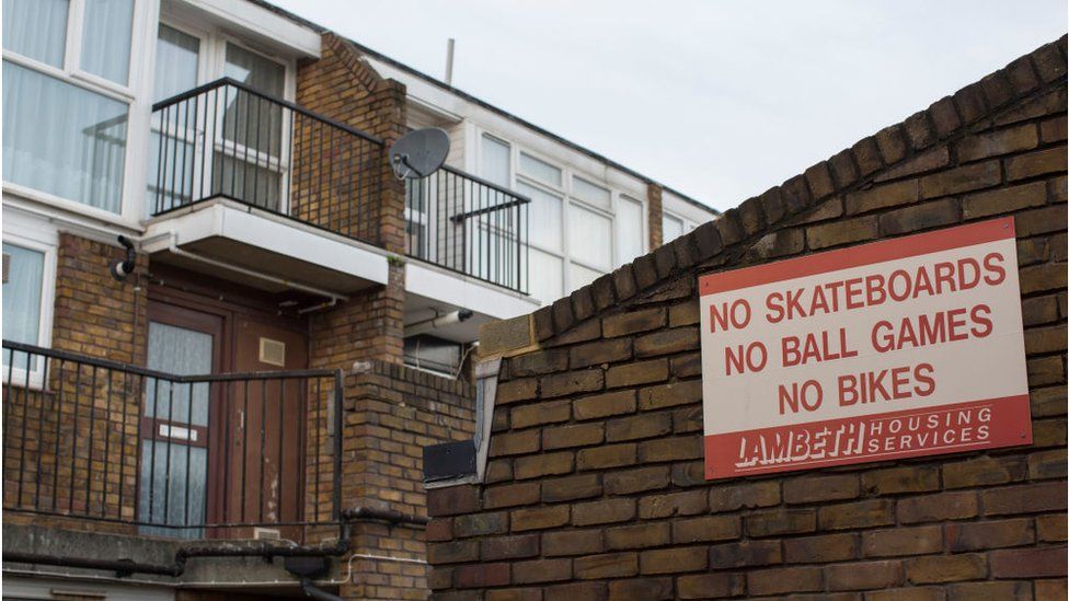 No Ball Games sign on a wall in Lambeth with flats in the background