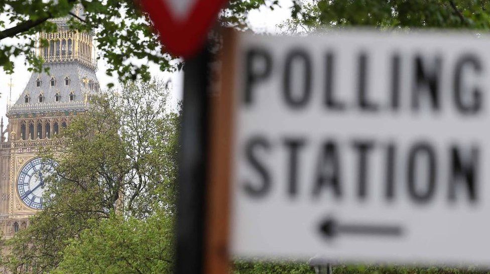 Polling station sign in front of Big Ben