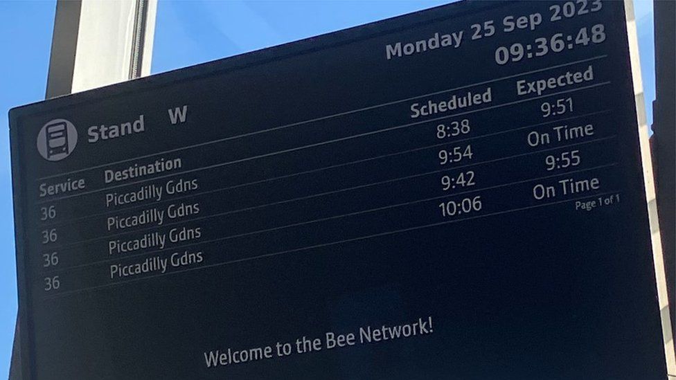 Electronic board at Bolton Interchange, showing delays to Bee Network buses