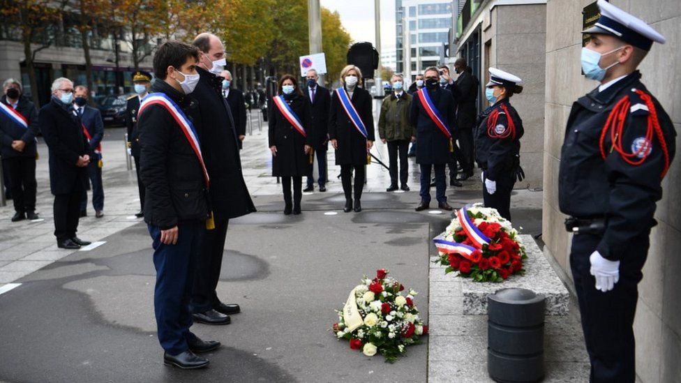 French senior politicians honouring victims at Stade de France, 13 Nov 20