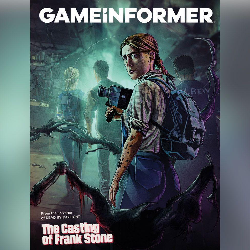 A cover of Game Informer - the magazine's title is written in capital letters at the top of the page. A cartoon drawing of a young woman holding an old-fashioned video camera and nervously looking back over her shoulder as three other people walk ahead of her is the cover image. At the bottom the words "From the universe of Dead by Daylight - The Casting of Frank Stone" can be seen.