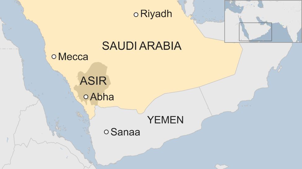 Map of Saudi Arabia showing location of Asir province and Abha city