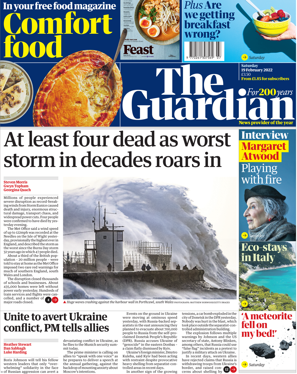 Первая страница The Guardian 19 февраля 2022 г.