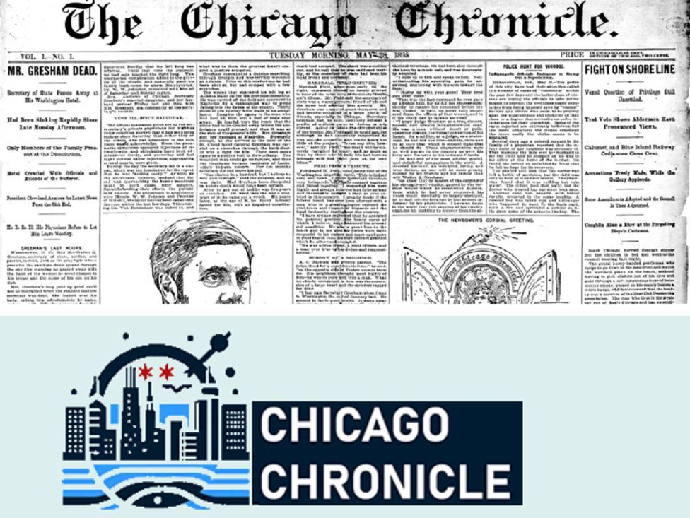 Top, an image of an old-time newspaper with headlines and black and white drawings. Below that, a logo of the new Chicago Chronicle alongside a city skyline