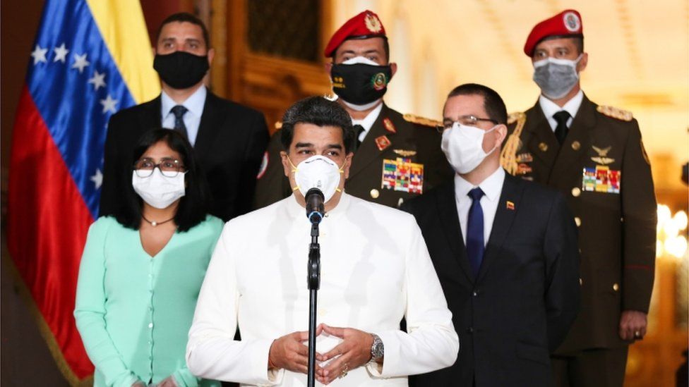 Venezuelan President Nicolas Maduro speaking during a televised message amid the coronavirus pandemic, at Miraflores Presidential Palace in Caracas, on March 30, 2020