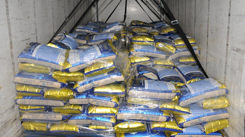 Bags of rice in the back of a lorry where the heroin was concealed
