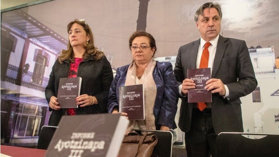 Angela Buitrago, Claudia Paz y Paz and Francisco Cox, members of the Interdisciplinary Group of Independent Experts (GIEI), take part in the presentation of the Third Ayotzinapa Report in Mexico City, Mexico, 28 March 2022.