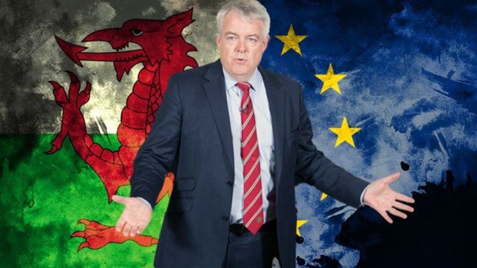 Carwyn Jones with a Wales and EU flag graphic behind him