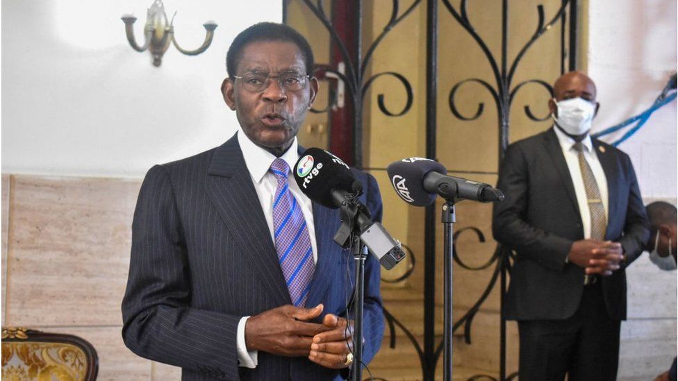 Teodoro Obiang Nguema speaks after casting his ballot earlier this month