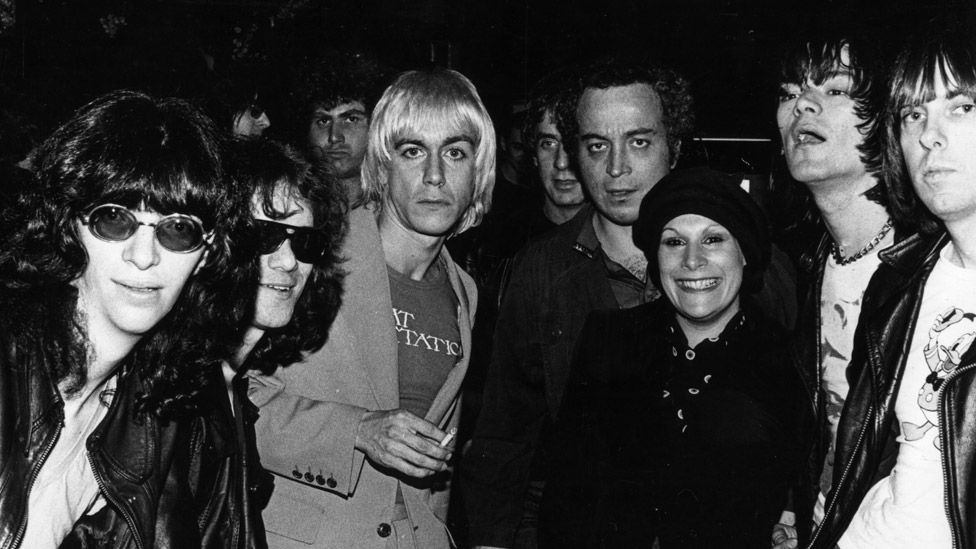 Iggy Pop with The Ramones and Seymour Stein or Sire Records at CBGB's, New York, April 1976.