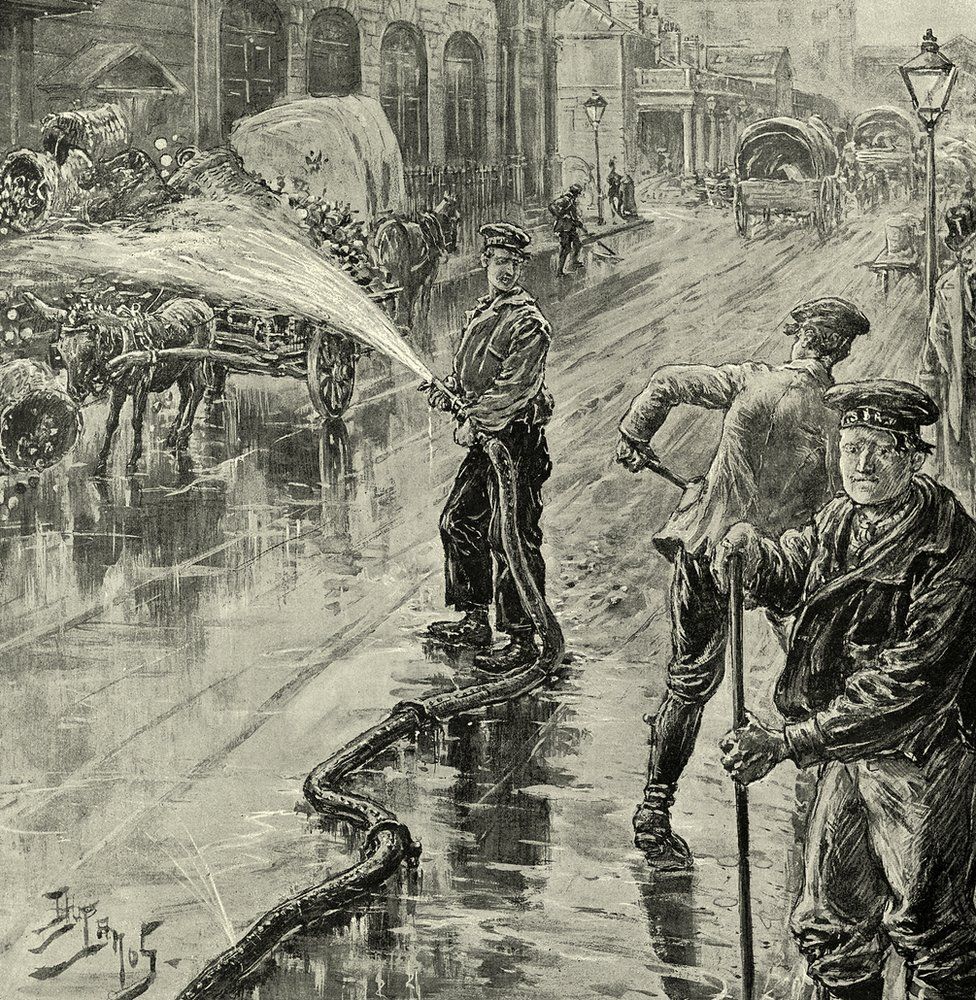 Illustration of washing streets of London with antiseptic during cholera pandemic, 1890s