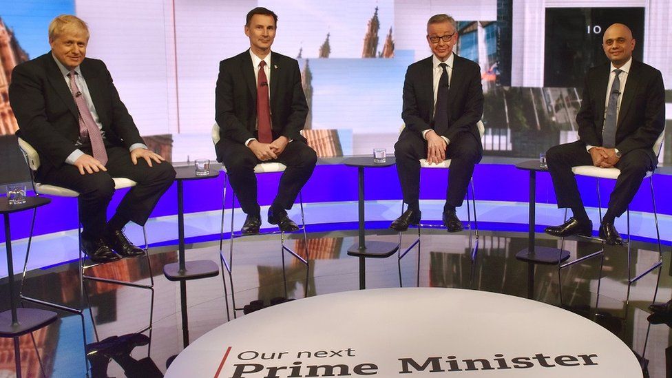 Photograph of the four remaining Conservative leadership candidates taken from the set of the BBC's TV debate on 18 June