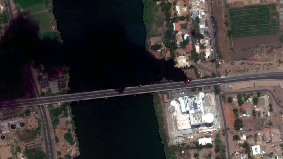 A satellite image from 16 April reveal fires burning near a hospital in Khartoum, Sudan