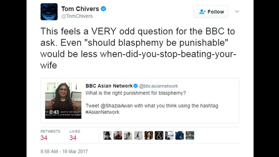 Tom Chivers tweet: "This feels a VERY odd question for the BBC to ask. Even 'should blasphemy be punishable' would be less when-did-you-stop-beating-your-wife"