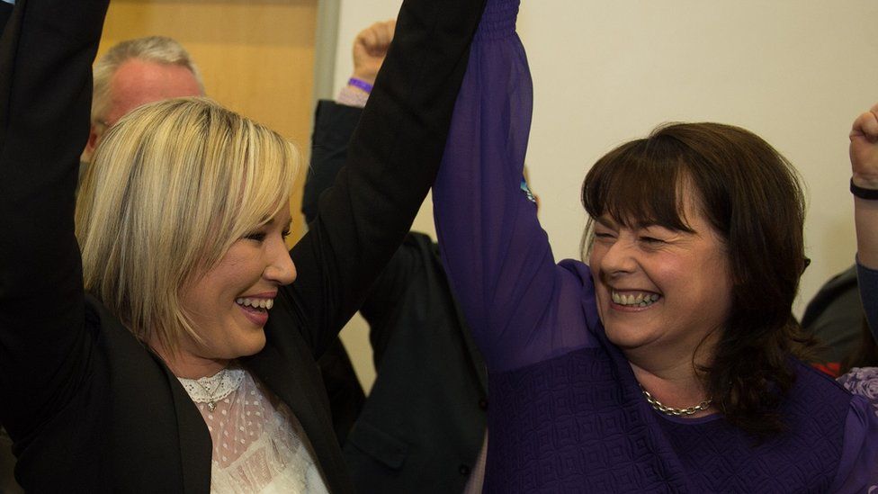 Michelle Gildernew (right) with Michelle O'Neill when she won the Fermanagh South Tyrone Westminster seat in 2017