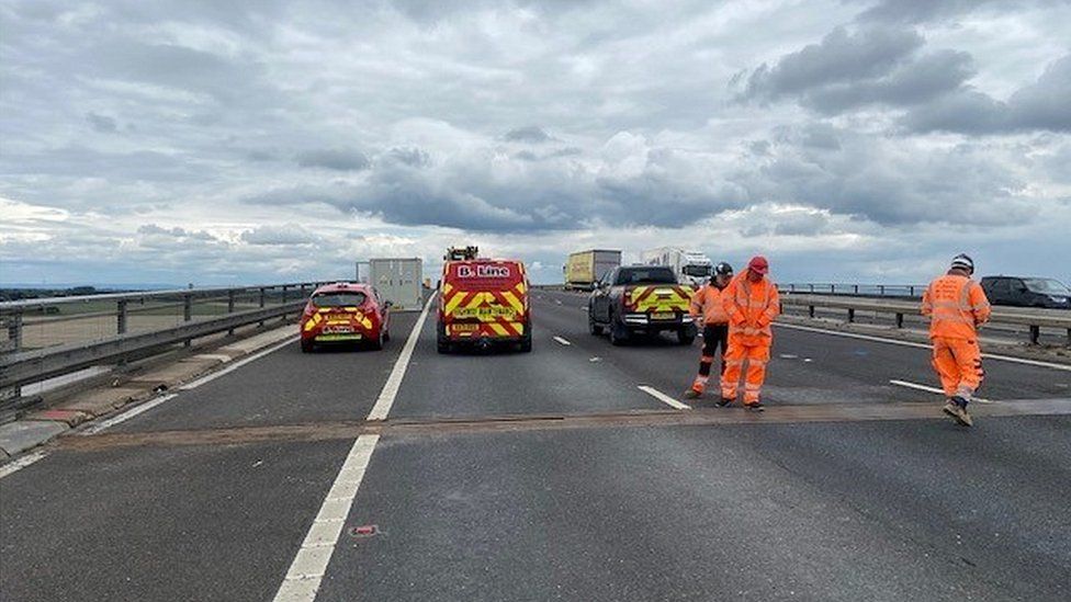 Contractors marking out the eastbound carriageway on the M62 Ouse Bridge