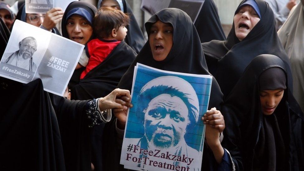 Protesters hold placard and shout slogans demand to release the Nigerian Ibrahim Zakzaky, next to the Nigeria embassy in Tehran, Iran, 17 July 2019. in December 2015