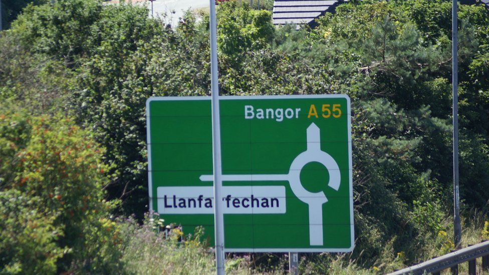 Sign at junction 15 eastbound A55 at Llanfairfechan, Conwy