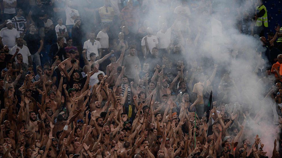 Lazio's fans cheer during the Italian Serie A football match Lazio vs Napoli at the Olympic Stadium in Rome on 18 August 2018.