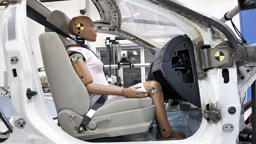 A crash-test dummy sits in a testing sled at Takata's current crash-testing facility August 19, 2010 in Auburn Hills, Michigan