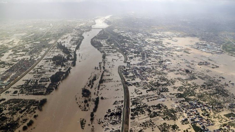 An aerial photo shows the extent of flooding in Japan