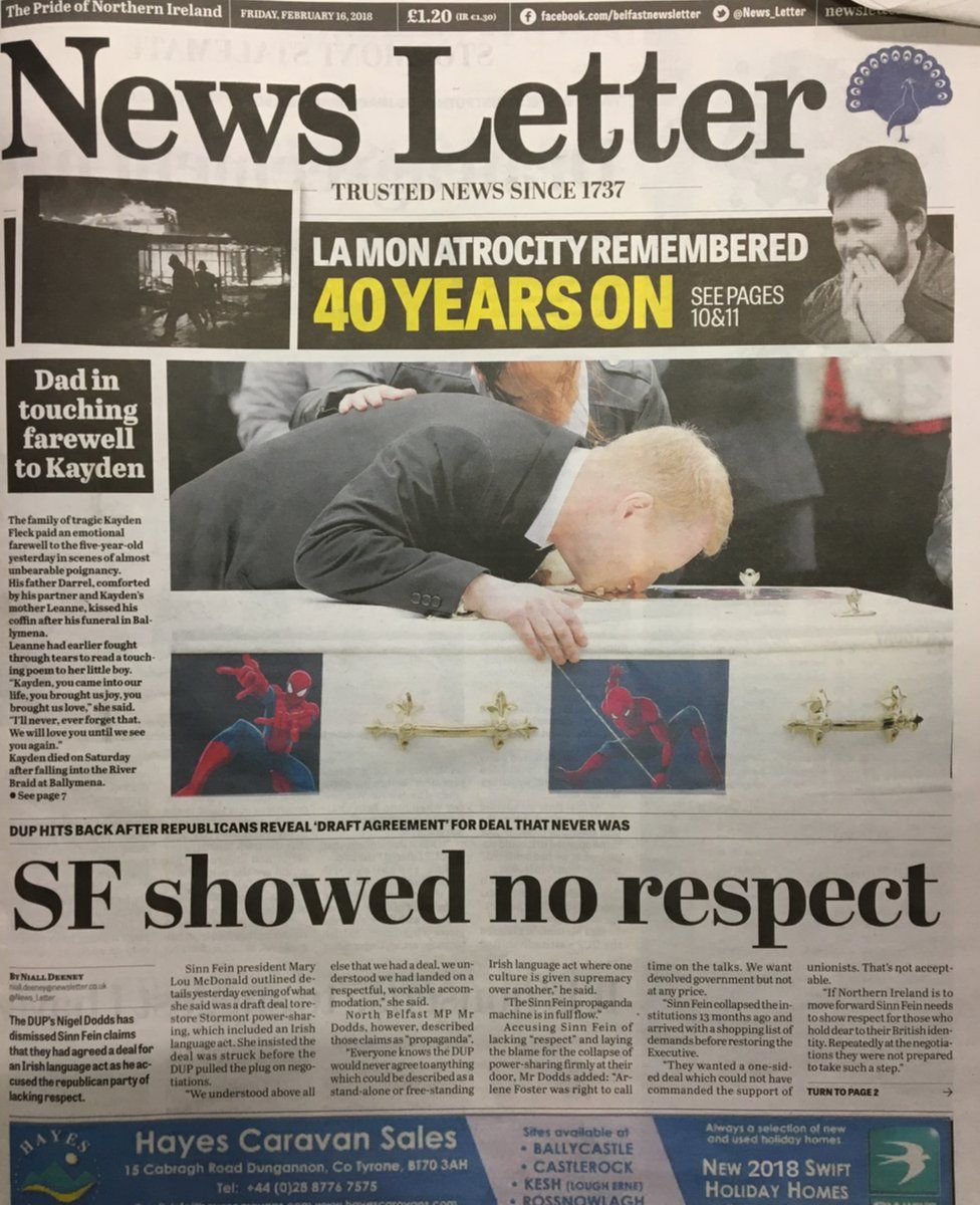 Front page of the News Letter, Friday 16 February 2018