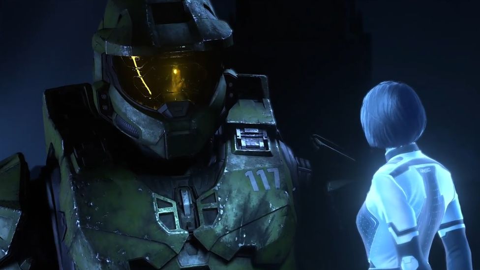 Master Chief looks down at Cortana