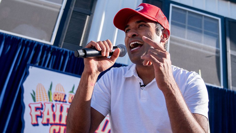 Presidential hopeful Vivek Ramaswamy raps after doing a Fair Side Chat with Governor Kim Reynolds, at the Iowa State Fair in Des Moines, Iowa, on August 12, 2023