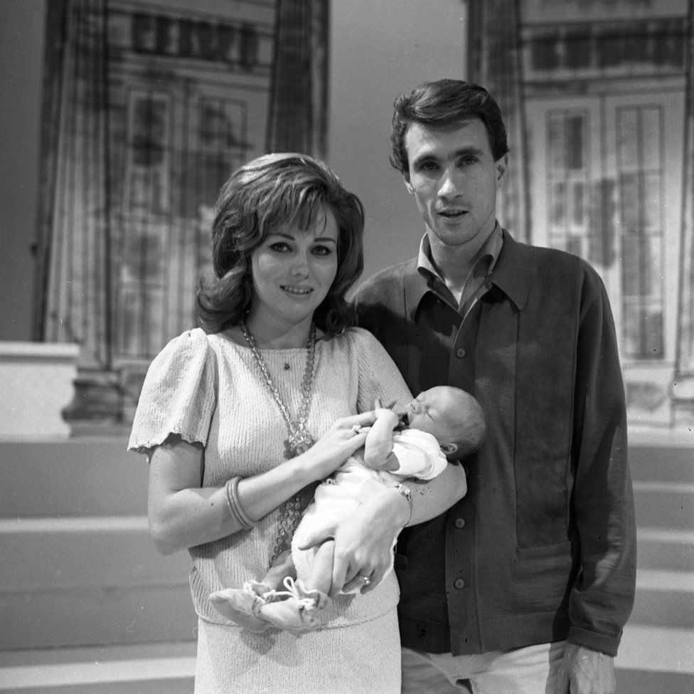 Singer Bill Medley of the rock and roll group 'The Righteous Brothers' poses for a portrait with his wife Karen Klaas and their newborn son