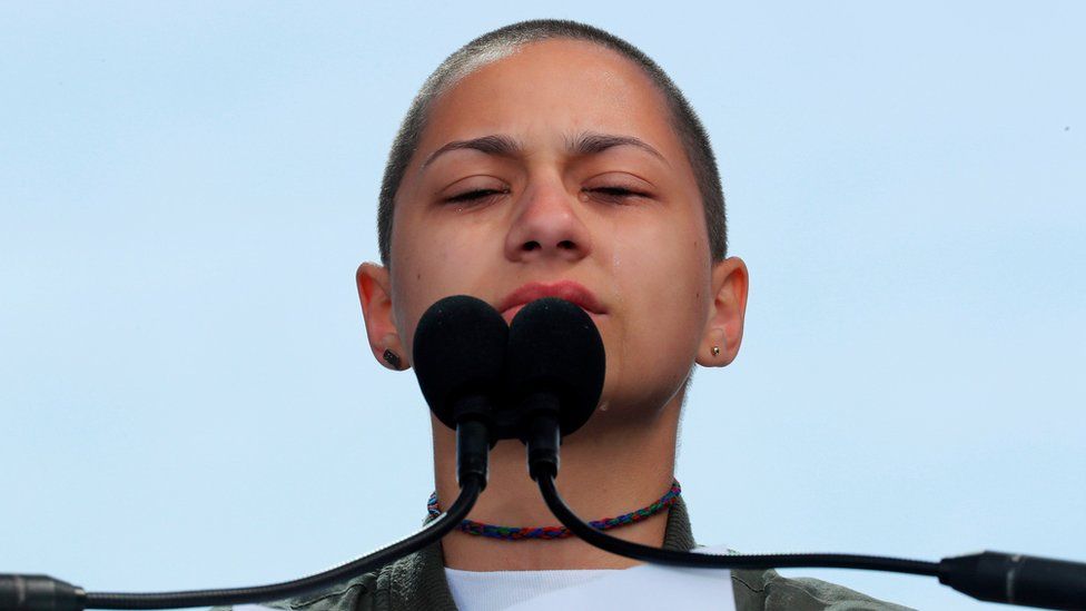 Emma Gonzalez, a student and shooting survivor from the Marjory Stoneman Douglas High School in Parkland, Florida, cries as she addresses the conclusion of the "March for Our Lives" event in Washington DC, 24 March 2018.